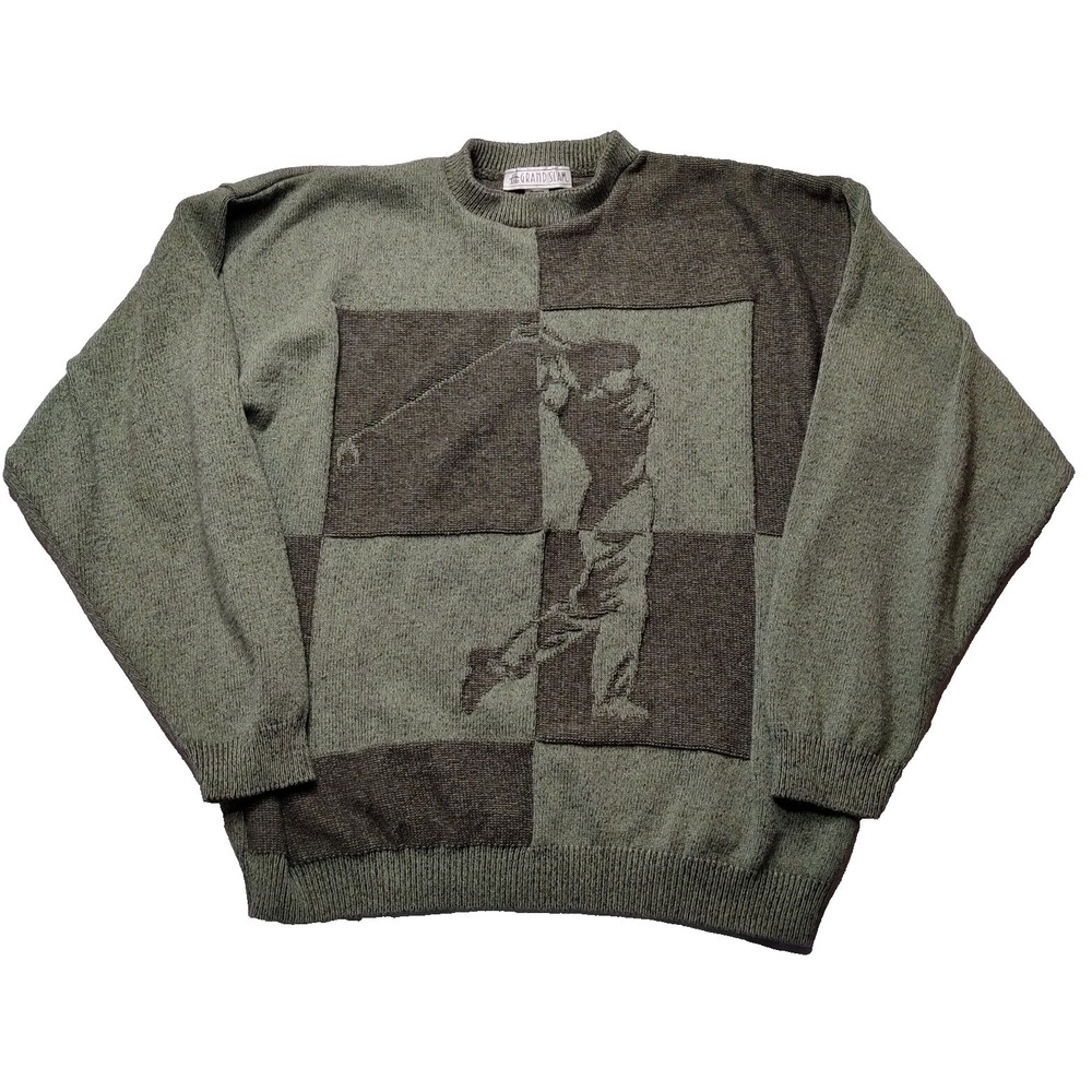 VTG GRAND SLAM Men XL Green Colorblock GOLFER Cotton Acrylic Sweater Made In USA